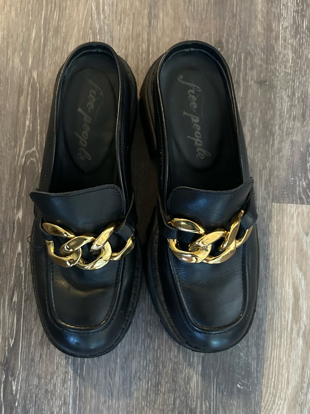 Free People Black Leather Loafers with Gold Chain